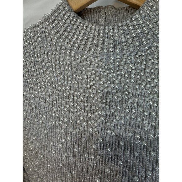 Fitted vintage heavily pearl beading silver shiny zipper back slight turtleneck - Picture 10 of 10